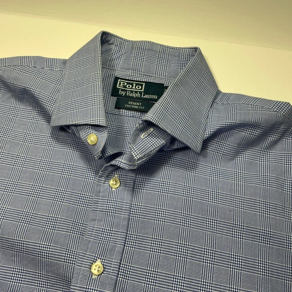 Polo by Ralph Lauren Regent Custom Fit Plaid Dress Shirt Blue Mens Size‎ 16-34